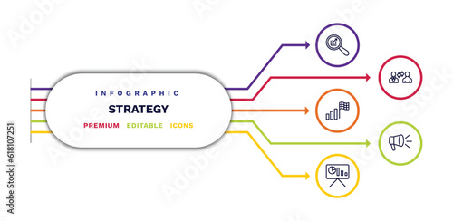 set of strategy thin line icons. strategy outline icons with infographic template. linear icons such as analysis, racing, presentation, coaching, advertising vector.