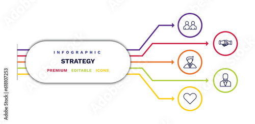 set of strategy thin line icons. strategy outline icons with infographic template. linear icons such as sample, businessman, heart, handshake, manager vector.
