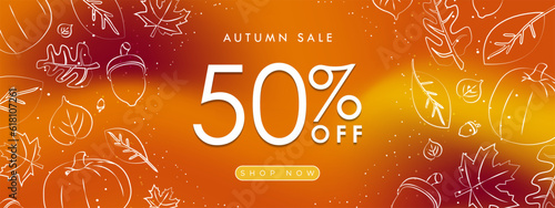 Luxurious Autumn Sale Banner on fluid gradient background in fall colors and framed with hand drawn autumn elements, leaves, maple, acorn, pumpkin. Up to 50% off. Editable Vector Illustration. EPS 10