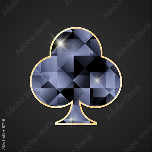Card suits vector icon. Black faceted crystal clubs in gold frame with glimmer.