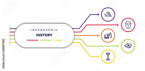 set of history thin line icons. history outline icons with infographic template. linear icons such as paper, digger, columns, skull, fossil vector.