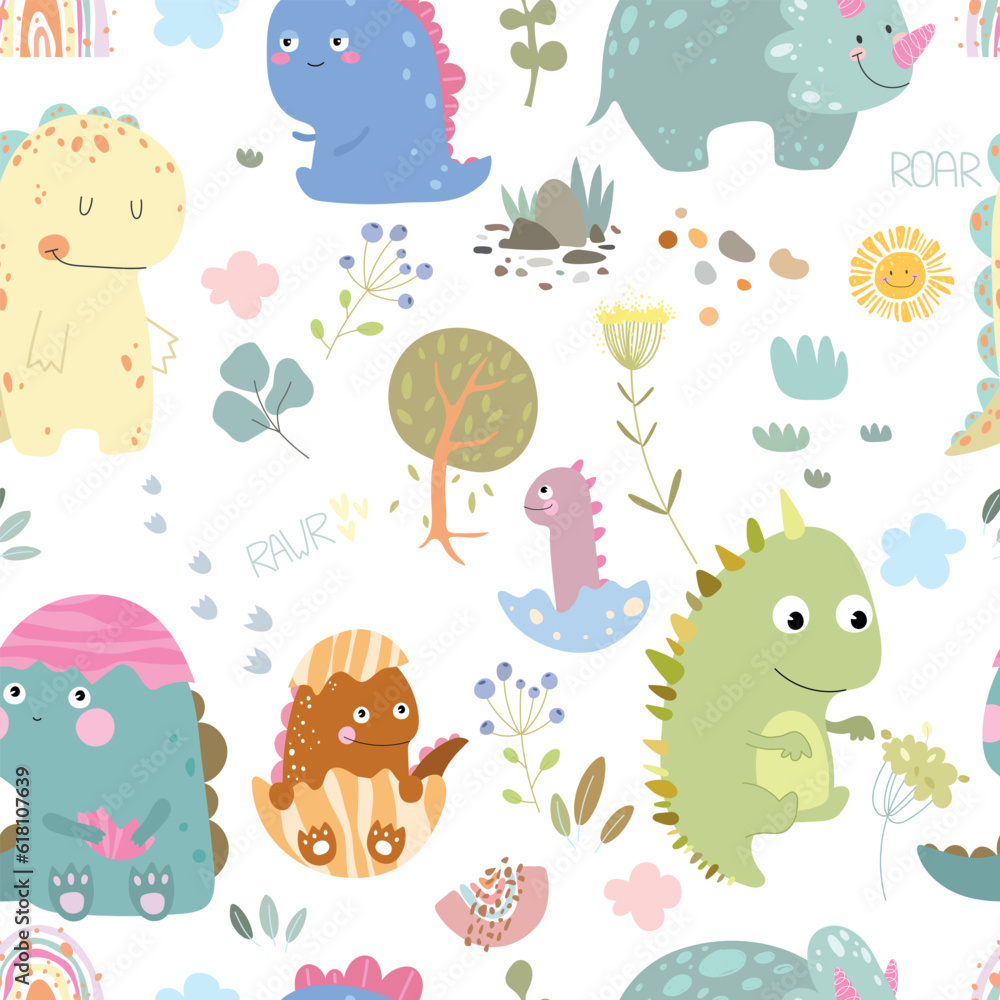 Seamless pattern with dino and many different plants, berry, clouds and sun. Vector illustration on white background. Seamless pattern with dino and many different plants, berry, clouds and sun. Vector illustration on white background.