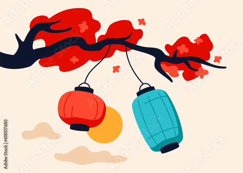 Paper lanterns on a branch - modern colored vector illustration