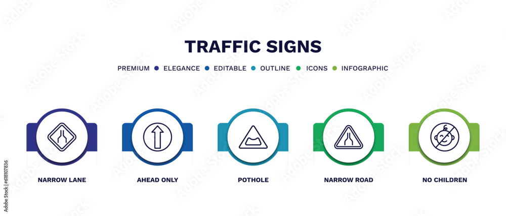 set of traffic signs thin line icons. traffic signs outline icons with infographic template. linear icons such as narrow lane, ahead only, pothole, narrow road, no children vector. set of traffic signs thin line icons. traffic signs outline icons with infographic template. linear icons such as narrow lane, ahead only, pothole, narrow road, no children vector.