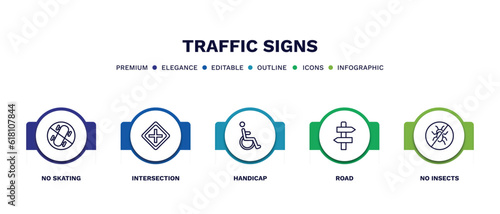 set of traffic signs thin line icons. traffic signs outline icons with infographic template. linear icons such as no skating, intersection, handicap, road, no insects vector.