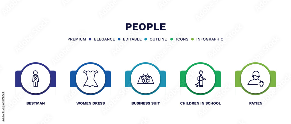 set of people thin line icons. people outline icons with infographic template. linear icons such as bestman, women dress, business suit, children in school, patien vector. set of people thin line icons. people outline icons with infographic template. linear icons such as bestman, women dress, business suit, children in school, patien vector.