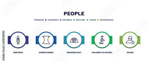 set of people thin line icons. people outline icons with infographic template. linear icons such as bestman, women dress, business suit, children in school, patien vector.