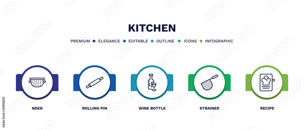 set of kitchen thin line icons. kitchen outline icons with infographic template. linear icons such as nder, rolling pin, wine bottle, strainer, recipe vector. set of kitchen thin line icons. kitchen outline icons with infographic template. linear icons such as nder, rolling pin, wine bottle, strainer, recipe vector.