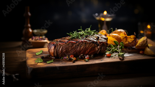 A delicious steak served on a plate with a nice decoration