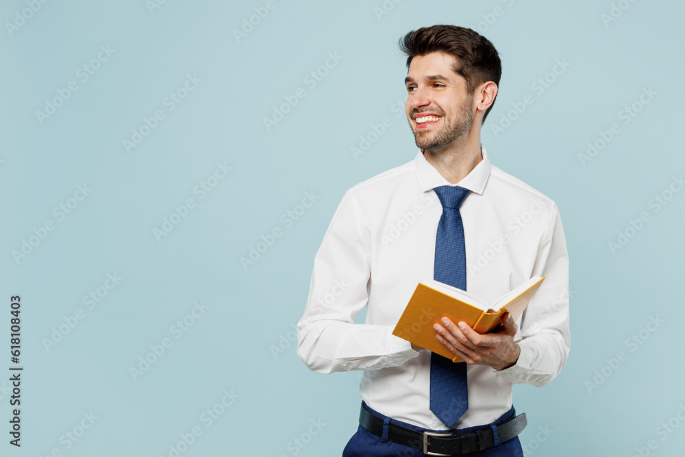 Young smiling happy employee IT business man corporate lawyer wear