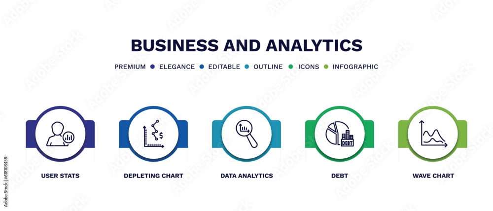 set of business and analytics thin line icons. business and analytics outline icons with infographic template. linear icons such as user stats, depleting chart, data analytics, debt, wave chart