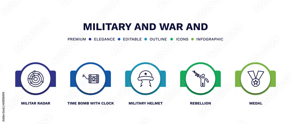 set of military and war and thin line icons. military and war outline icons with infographic template. linear icons such as militar radar, time bomb with clock, military helmet, rebellion, medal set of military and war and thin line icons. military and war outline icons with infographic template. linear icons such as militar radar, time bomb with clock, military helmet, rebellion, medal