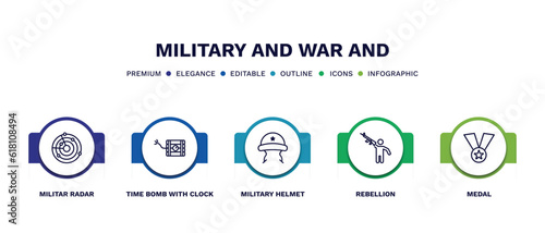 set of military and war and thin line icons. military and war outline icons with infographic template. linear icons such as militar radar, time bomb with clock, military helmet, rebellion, medal