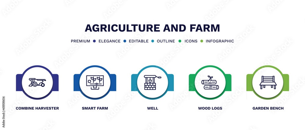 set of agriculture and farm thin line icons. agriculture and farm outline icons with infographic template. linear icons such as combine harvester, smart farm, well, wood logs, garden bench vector. set of agriculture and farm thin line icons. agriculture and farm outline icons with infographic template. linear icons such as combine harvester, smart farm, well, wood logs, garden bench vector.