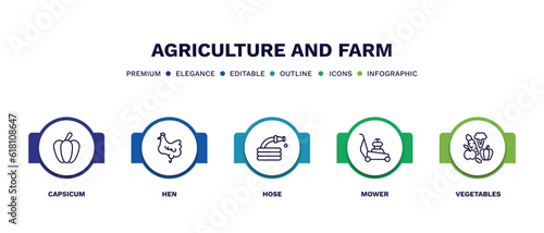 set of agriculture and farm thin line icons. agriculture and farm outline icons with infographic template. linear icons such as capsicum, hen, hose, mower, vegetables vector.