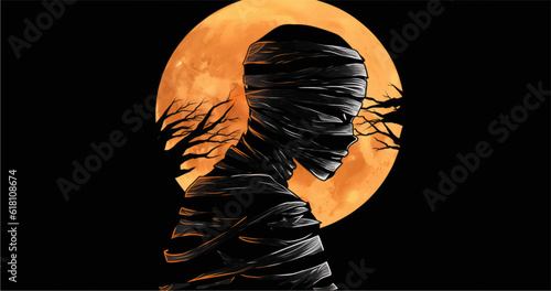 Halloween banner with tradition symbols. Mummy illustration.