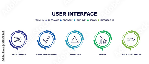 set of user interface thin line icons. user interface outline icons with infographic template. linear icons such as three arrows, check mark arrow, triangular, reduce, undulating arrow vector. © Abstract