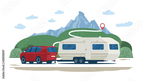 Minivan towing a camper trailer along the route against the backdrop of a rural landscape. Vector illustration.