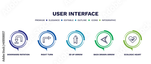set of user interface thin line icons. user interface outline icons with infographic template. linear icons such as downward rotation, right turn, 3d up arrow, back drawn arrow, ecologic heart