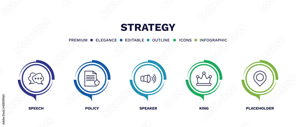 set of strategy thin line icons. strategy outline icons with infographic template. linear icons such as speech, policy, speaker, king, placeholder vector. set of strategy thin line icons. strategy outline icons with infographic template. linear icons such as speech, policy, speaker, king, placeholder vector.