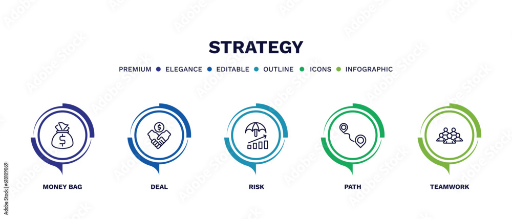 set of strategy thin line icons. strategy outline icons with infographic template. linear icons such as money bag, deal, risk, path, teamwork vector. set of strategy thin line icons. strategy outline icons with infographic template. linear icons such as money bag, deal, risk, path, teamwork vector.