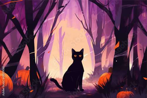 Halloween banner with tradition symbols. Pumpkins and black cat illustration.