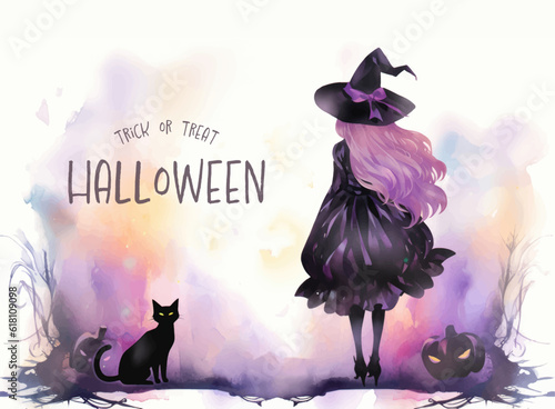 Halloween banner with tradition symbols. Witch and black cat illustration.