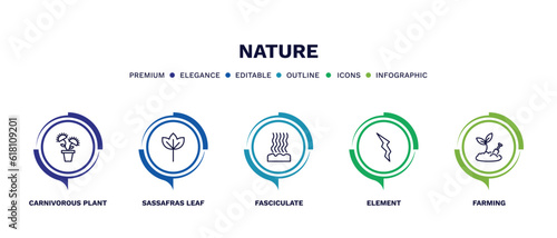 set of nature thin line icons. nature outline icons with infographic template. linear icons such as carnivorous plant, sassafras leaf, fasciculate, element, farming vector.