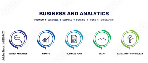 set of business and analytics thin line icons. business and analytics outline icons with infographic template. linear icons such as search analytics, charts, business plan, graph, data circular