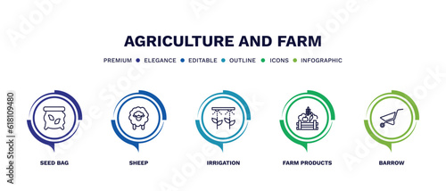 set of agriculture and farm thin line icons. agriculture and farm outline icons with infographic template. linear icons such as seed bag, sheep, irrigation, farm products, barrow vector.