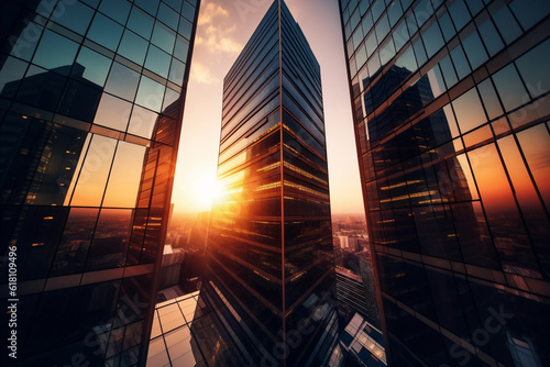 Sunset reflected off modern glass facades of skyscrapers in the financial center of the city