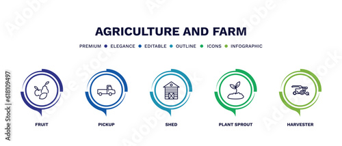 set of agriculture and farm thin line icons. agriculture and farm outline icons with infographic template. linear icons such as fruit, pickup, shed, plant sprout, harvester vector.