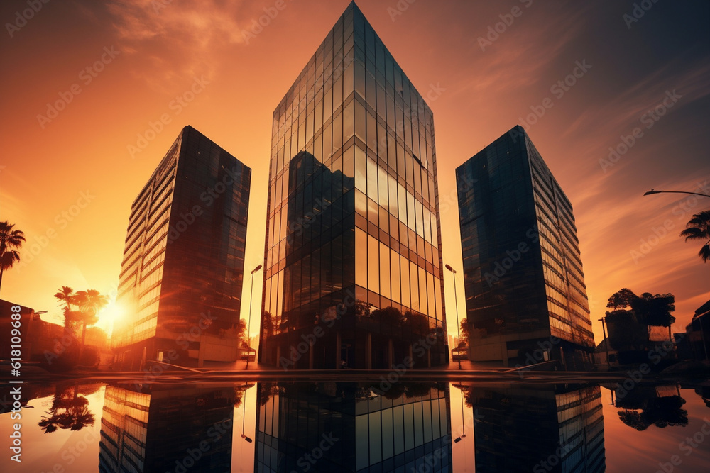 Sunset reflected off modern glass facades of skyscrapers in the financial center of the city