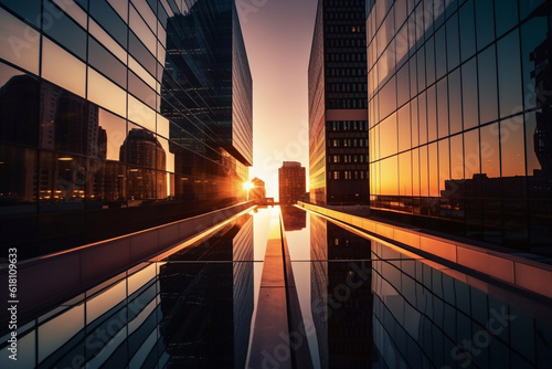 Sunset reflected off modern glass facades of skyscrapers in the financial center of the city