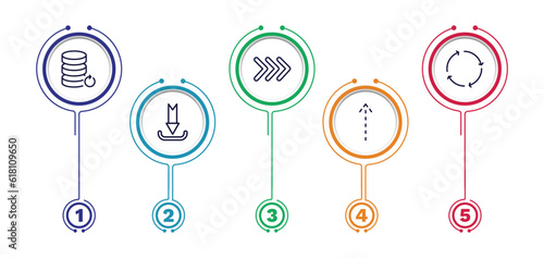 set of user interface thin line icons. user interface outline icons with infographic template. linear icons such as back up, three arrows, spinning arrows, curved downward arrow, up broken line