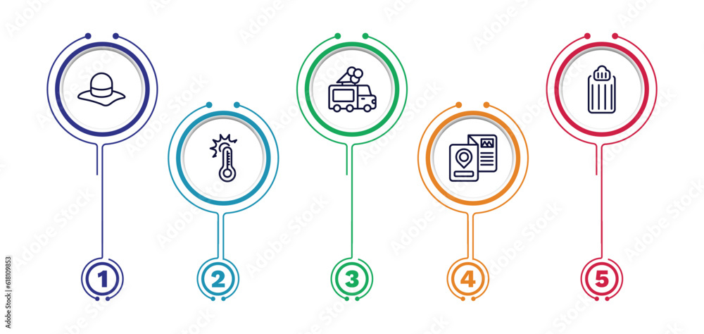 set of summer thin line icons. summer outline icons with infographic template. linear icons such as pamela hat, ice cream van, air mattress, summer temperature, travel guide vector. set of summer thin line icons. summer outline icons with infographic template. linear icons such as pamela hat, ice cream van, air mattress, summer temperature, travel guide vector.