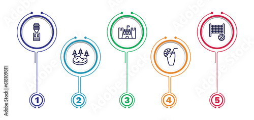 set of summer thin line icons. summer outline icons with infographic template. linear icons such as dispenser, sand castle, beach volleyball, lake, lime juice vector.