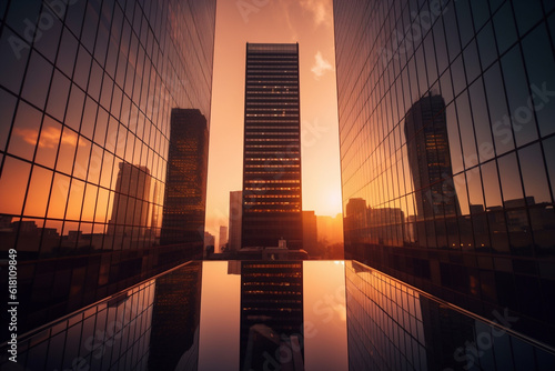 Sunset reflected off modern glass facades of skyscrapers in the financial center of the city