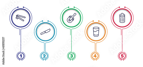 set of kitchen thin line icons. kitchen outline icons with infographic template. linear icons such as garlic press, pizza cutter, trash, steak knife, glass vector.