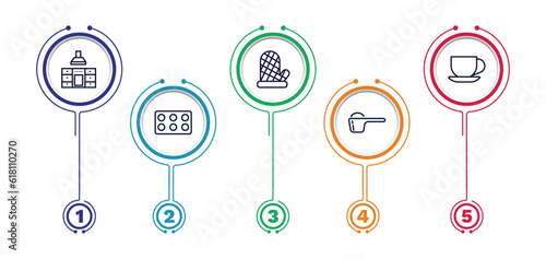 set of kitchen thin line icons. kitchen outline icons with infographic template. linear icons such as kitchen, mitten, tea cup, mould, scoop vector.