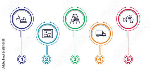 set of construction thin line icons. construction outline icons with infographic template. linear icons such as derrick with box, double ladder, adjustment system, house plan, truck with freight