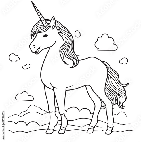 Vector hand drawn cute unicorn outline illustration. Coloring page for kids and adults. Print design  t-shirt design  tattoo design  mural art  line art.