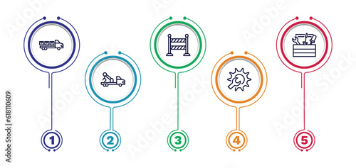set of construction thin line icons. construction outline icons with infographic template. linear icons such as truck with load, road barrier, tool bag, crane truck, wrench and gear vector.