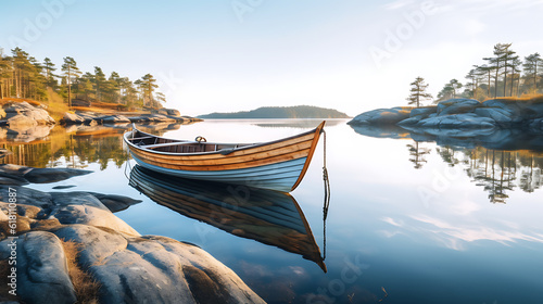 Wooden boat in the northern lake against the background of tall trees. AI Generative