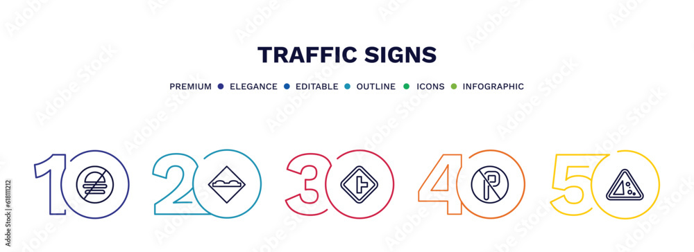 set of traffic signs thin line icons. traffic signs outline icons with infographic template. linear icons such as no fast food, bump, side road, no parking, falling rocks vector. set of traffic signs thin line icons. traffic signs outline icons with infographic template. linear icons such as no fast food, bump, side road, no parking, falling rocks vector.