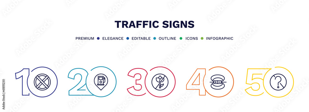 set of traffic signs thin line icons. traffic signs outline icons with infographic template. linear icons such as no stopping, gas station, no picking flowers, magnetic field, no doubt vector. set of traffic signs thin line icons. traffic signs outline icons with infographic template. linear icons such as no stopping, gas station, no picking flowers, magnetic field, no doubt vector.