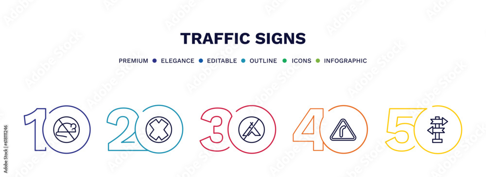 set of traffic signs thin line icons. traffic signs outline icons with infographic template. linear icons such as no rodents, crossing, no camping, right bend, crossroad vector. set of traffic signs thin line icons. traffic signs outline icons with infographic template. linear icons such as no rodents, crossing, no camping, right bend, crossroad vector.