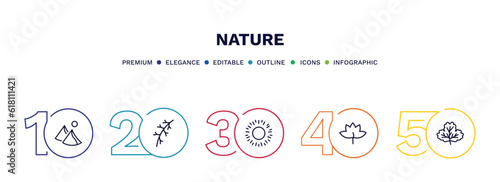set of nature thin line icons. nature outline icons with infographic template. linear icons such as dune, larch leaf, shining sun with rays, liquidambar leaf, gooseberry leaf vector.