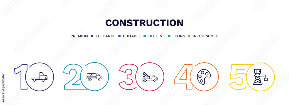 set of construction thin line icons. construction outline icons with infographic template. linear icons such as trolley truck, fuel truck, crane truck, pallete, derrick with boxes vector. set of construction thin line icons. construction outline icons with infographic template. linear icons such as trolley truck, fuel truck, crane truck, pallete, derrick with boxes vector.