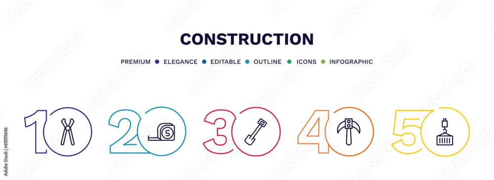 set of construction thin line icons. construction outline icons with infographic template. linear icons such as inclined clippers, five meters ruler, inclined shovel, inclined picker, derrick with set of construction thin line icons. construction outline icons with infographic template. linear icons such as inclined clippers, five meters ruler, inclined shovel, inclined picker, derrick with